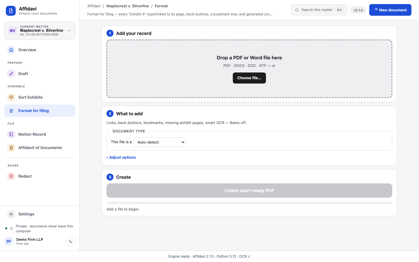 Affidavi's Format for filing stage: drop a PDF or Word record, choose what to add — hyperlinks, back-buttons, bookmarks, exhibit pages, OCR — and create a court-ready PDF