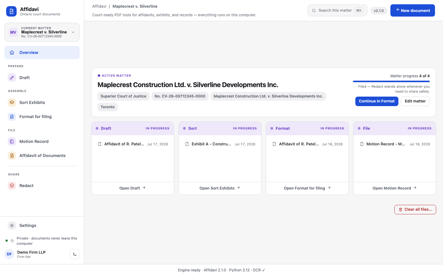 The Affidavi Overview: a litigation matter's Draft, Sort, Format and File stages on one board, with the matter's parties, court and file number at the top